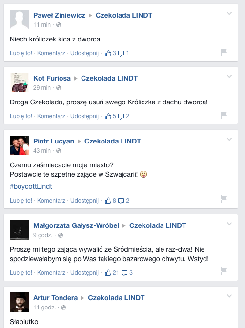 Niektóre z postów, które pojawiły się na oficjalnym fanpage'u Lindta